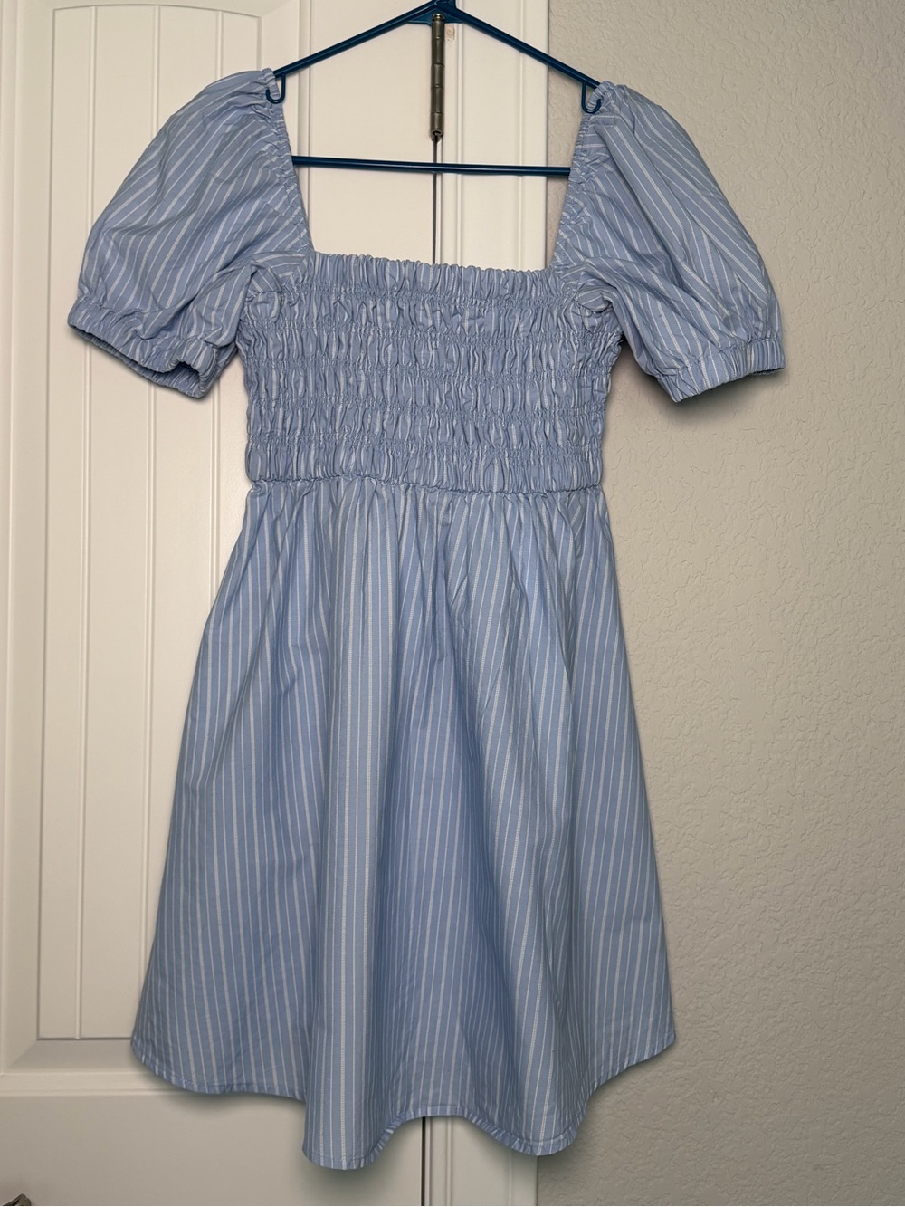 Celebrity Pink Blue & White Stripe Smocked Puff Sleeve Dress